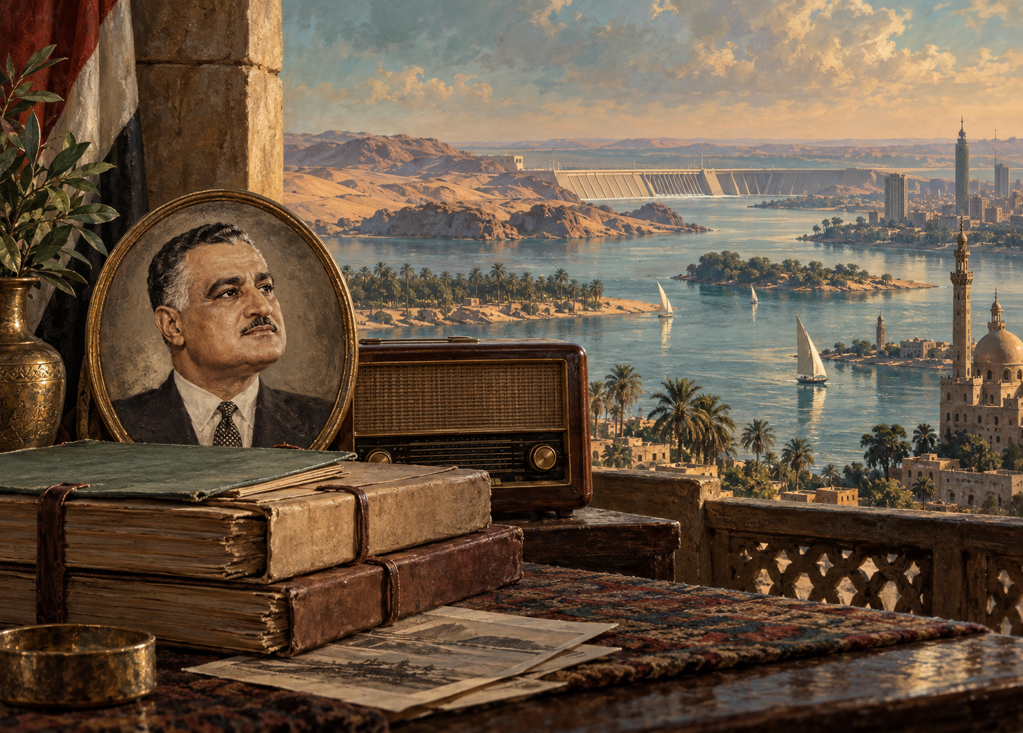رسم تعبيري عن جمال عبد الناصر والنيل وإرثه التاريخي