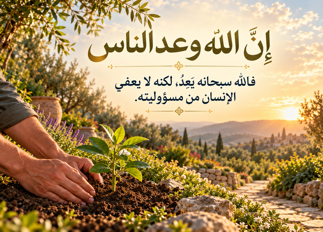 يدان تغرسان شتلة في حديقة مضاءة بالشمس، مع عنوان إنَّ الله وعد الناس واقتباس عن مسؤولية الإنسان