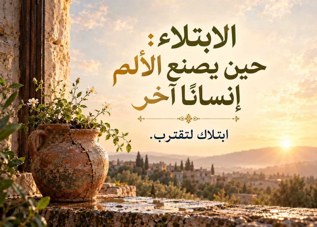 أزهار تنمو في إناء فخاري مرمم أمام منظر مضاء بالشروق، مع عنوان الابتلاء: حين يصنع الألم إنسانًا آخر واقتباس ابتلاك لتقترب