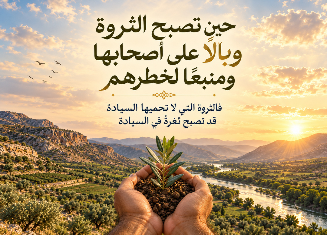 يدان تحملان شتلة زيتون أمام وادٍ خصب ونهر، مع عنوان المقال واقتباس عن الثروة والسيادة