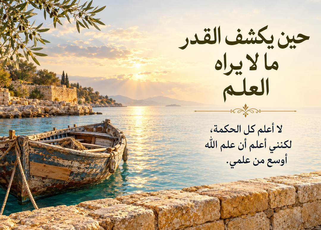 قارب خشبي مُرمّم بجوار جدار حجري على بحر هادئ، مع عنوان حين يكشف القدر ما لا يراه العلم ومقتطف من المقال.