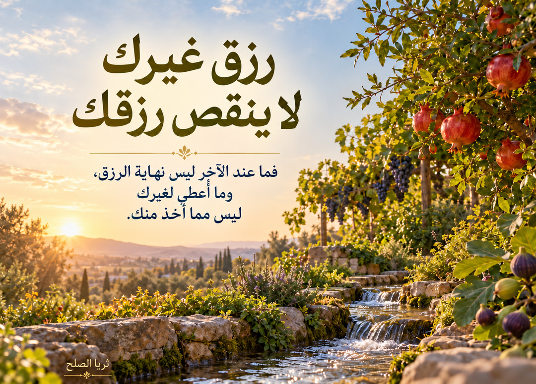 أشجار رمان وكروم مثمرة إلى جانب جدول ماء عند الشروق، مع عنوان رزق غيرك لا ينقص رزقك ومقتطف من المقال بقلم ثريا الصلح.