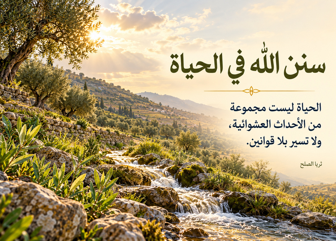 جدول ماء يجري بين مدرّجات الزيتون مع أشعة الشمس، وعنوان سنن الله في الحياة ومقتطف من المقال بقلم ثريا الصلح.