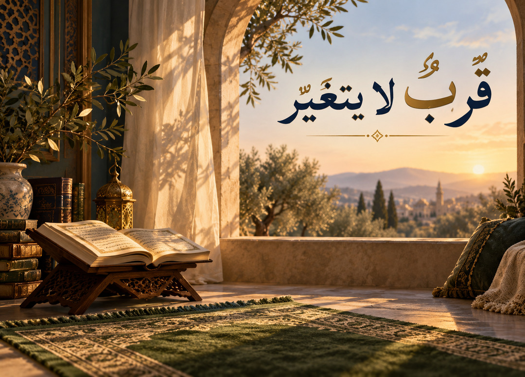 قربٌ لا يتغيّر — نور الصباح وكتاب مفتوح في مكان للتأمل